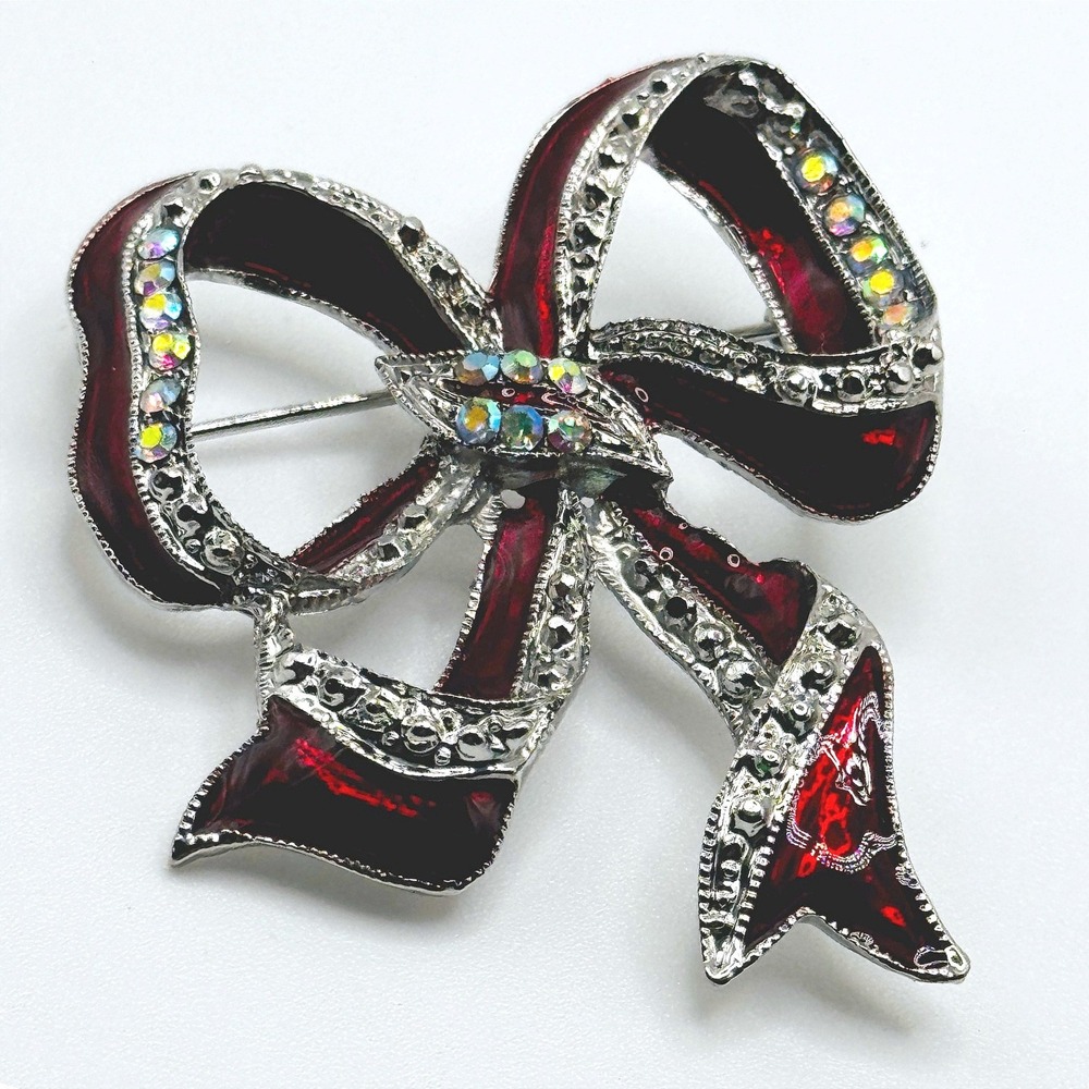 Vintage Red Enamel Bow Brooch Silver Tone AB Rhinestone Ribbon Pin Holiday Scarf